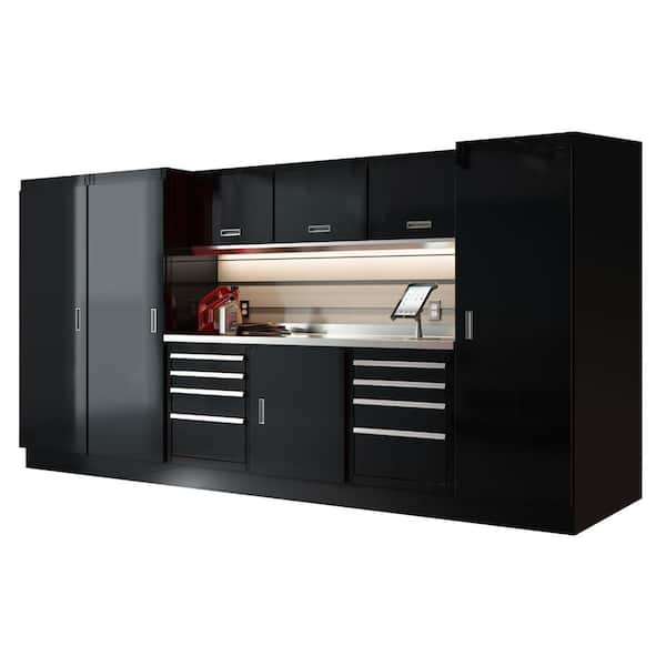 Moduline Select Series 75 in. H x 144 in. W x 22 in. D Aluminum Cabinet Set in Black with Stainless Steel Worktop (10-Piece)