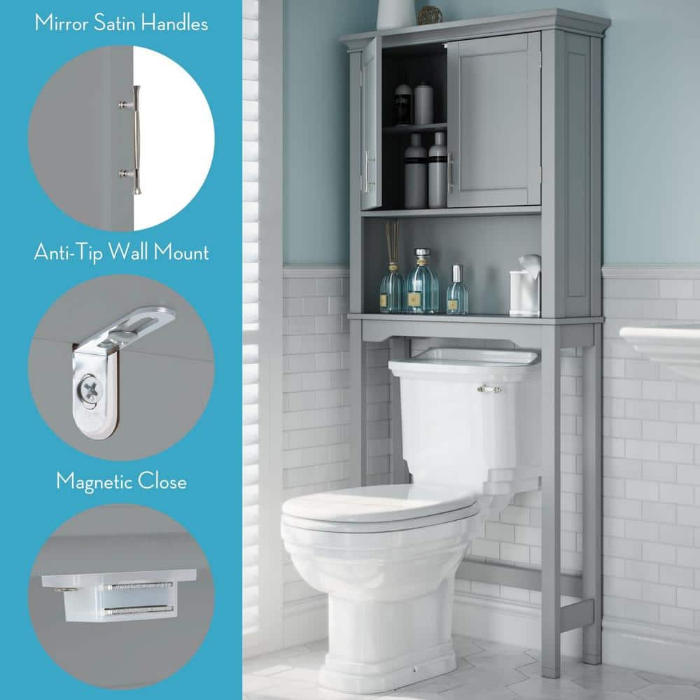 Transitional Gray Engineered Wood Over-the-Toilet Storage with Adjustable Shelves