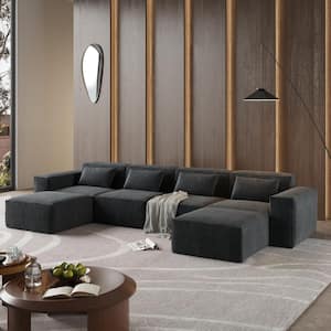 149.62 in. Square Arm Corduroy Fabric U-Shaped Modular Sofa in Black with Ottoman