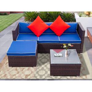 3-Piece Patio Furniture Set Outdoor Wicker Rattan Conversation Set Sofa Set with Ottoman, Coffee Table, Blue Cushion