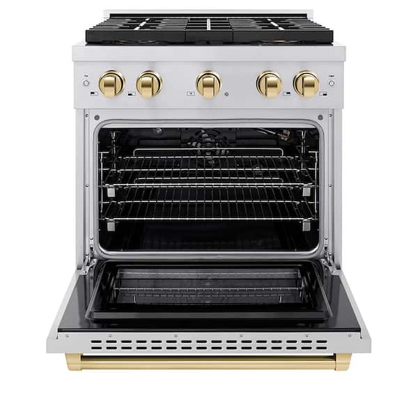 Autograph 30 in. 4.2 cu. ft. Paramount Gas Range with 4-Burner Cooktop and Gas Oven in Stainless with Polished Gold