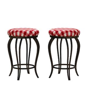 Country Style Metal Bar Chairs, 25.5In Counter Bar Stools with Footrest, Outdoor Bar Stool with Red Cushion (2 Pack)