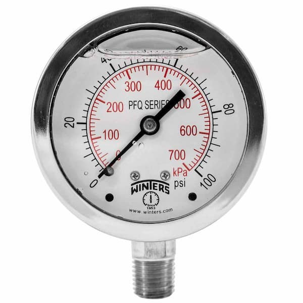 Winters Instruments PFQ Series 2.5 in. Stainless Steel Liquid Filled Case Pressure Gauge with 1/4 in. NPT LM and Range of 0-100 psi/kPa