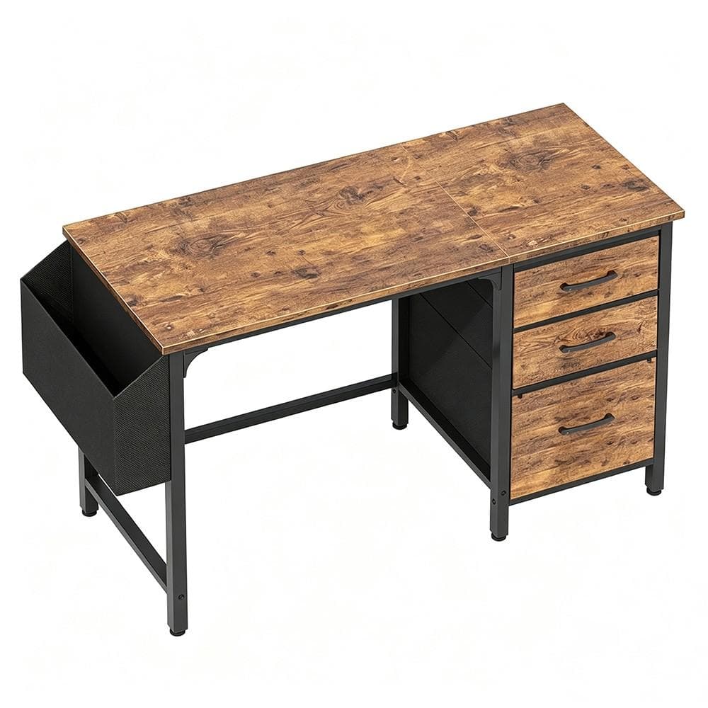 47 in. W Rustic Brown Metal Gaming Computer Desk with File Drawers Cabinet