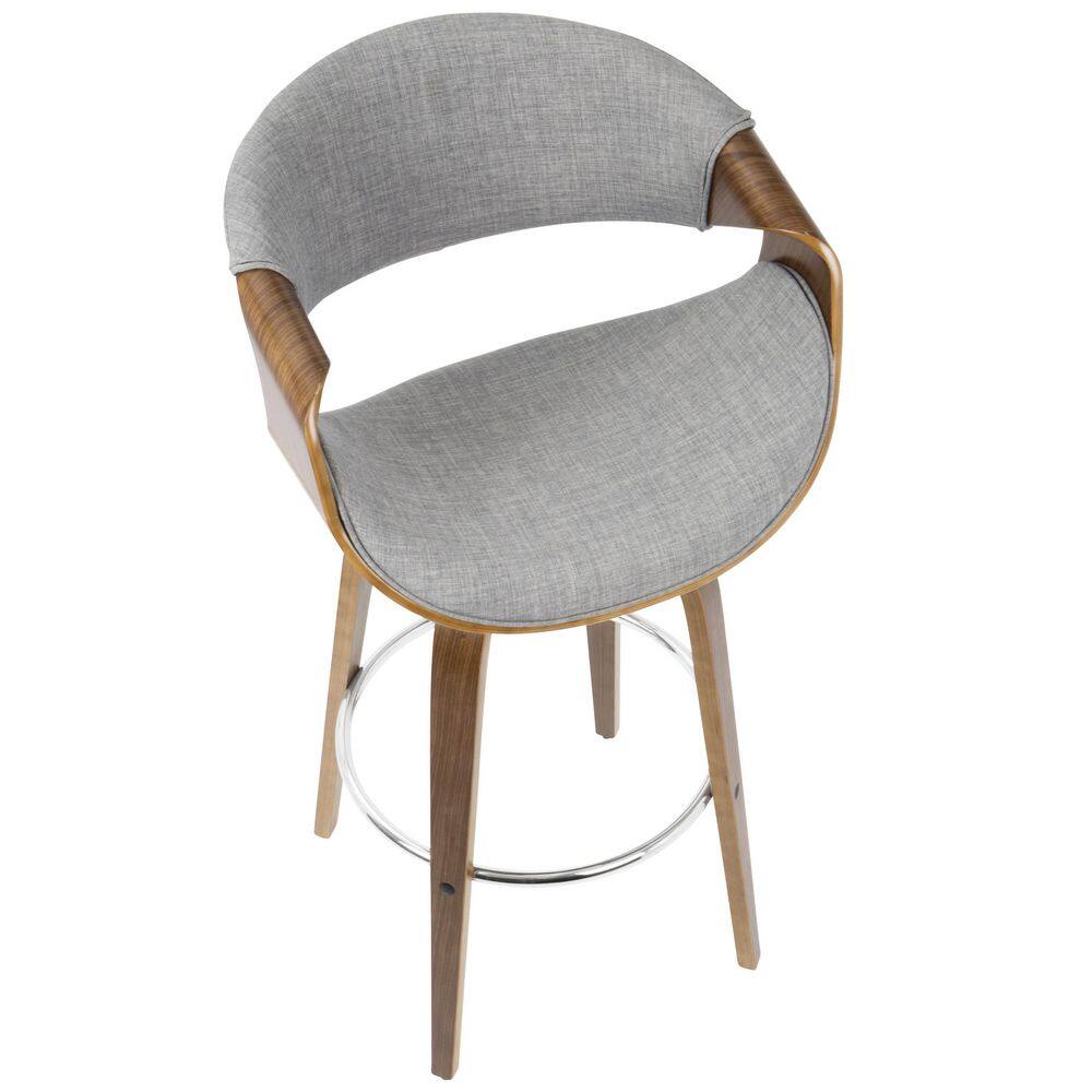 Walnut Wood & Grey Fabric Swivel Barstool with Mid-Century Charm