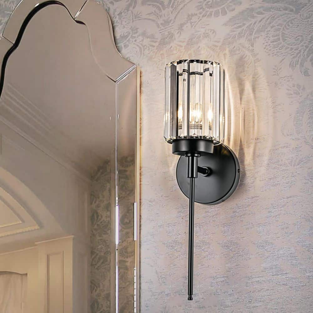 Orillia 4.72 in. 1-Light Black Modern Crystal Bathroom Vanity Light with Cylinder Shade price history on PriceWatchPro