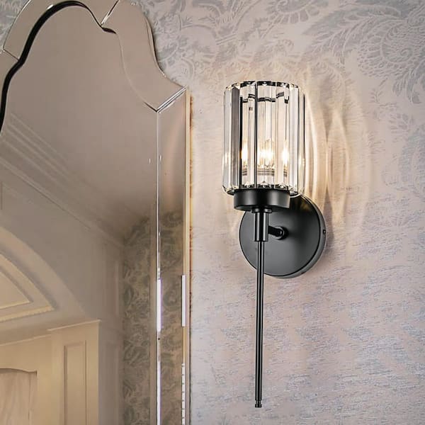 Orillia 4.72 in. 1-Light Black Modern Crystal Bathroom Vanity Light with Cylinder Shade