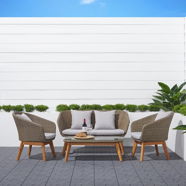 Vifah Grayton 4-Piece Wicker Patio Conversation Set with Gray Cushions