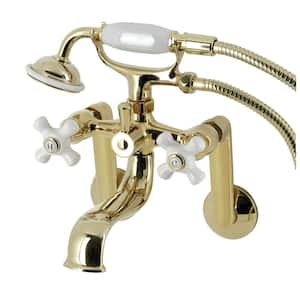 Kingston 3-Handle Wall-Mount Clawfoot Tub Faucet with Hand Shower in Polished Brass