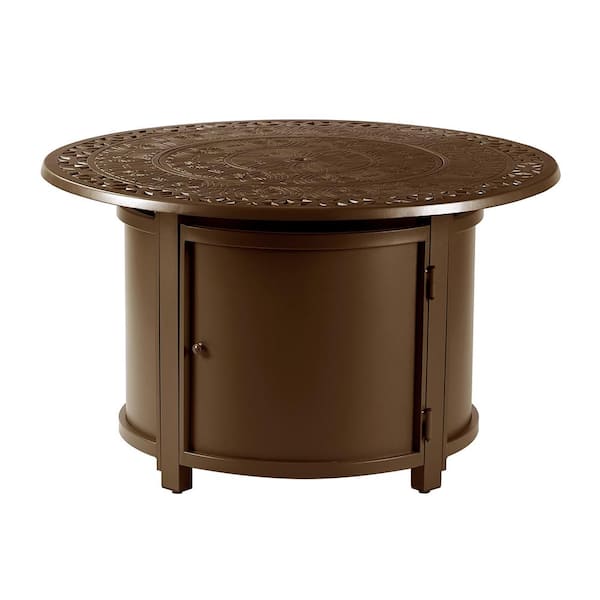 Oakland Living 44 in. x 44 in. Brown Round Aluminum Propane Fire Pit Table with Glass Beads, 2 Covers, Lid, 55,000 BTUs