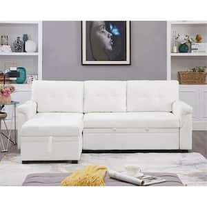 85 in. Square Arm Velvet L-Shaped Sofa, Sleeper Sectional Sofa in White with Reversible Chaise and pull-out Sofa Bed