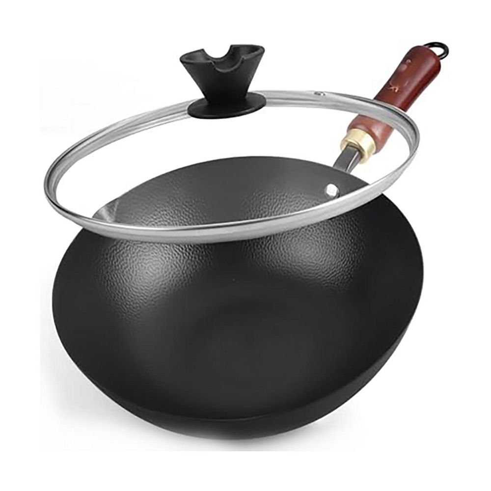 10 in. Wok 10 in. Flat Bottom Carbon Steel High Heat Scratch Resistant Electric Induction Gas Compatible with Lid Guide