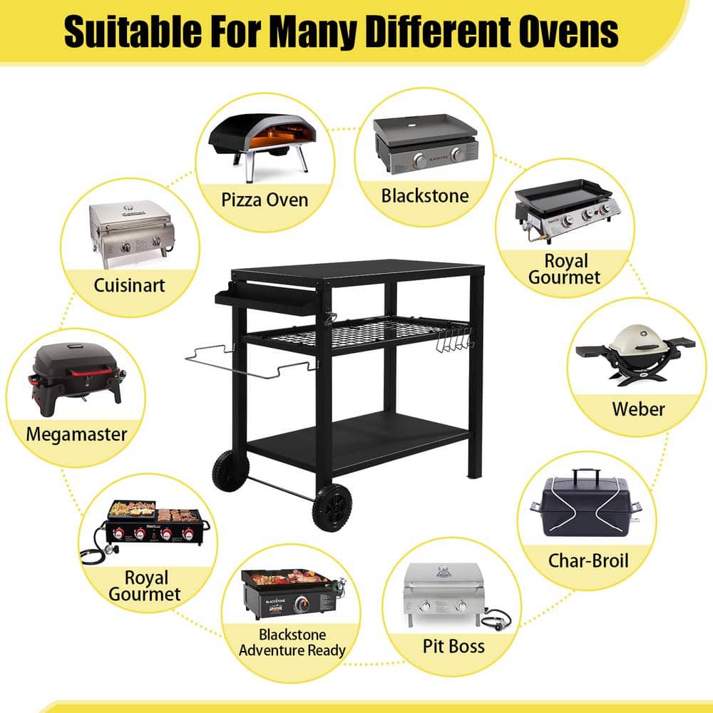 Black Iron 3-Shelf Outdoor Grill Cart with Wheels