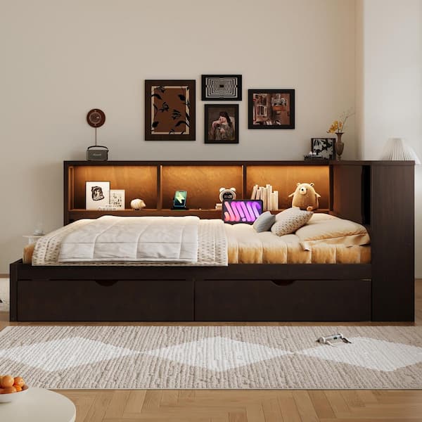 Brown Pine Wood Frame Queen Platform Bed with Storage Shelves, USB, LED, and 2 Drawers