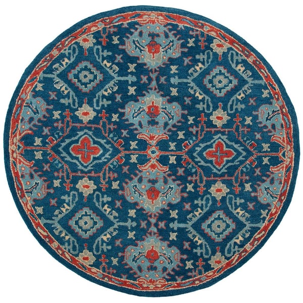 Heritage 4 ft. x 4 ft. Round Blue/Multi Floral Geometric Border Area Rug