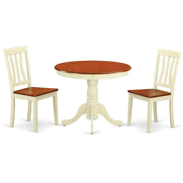 East West Furniture 3-Piece Round Buttermilk & Cherry Finish Solid Wood Top Dining Table with 2 Chairs with Lattice Back