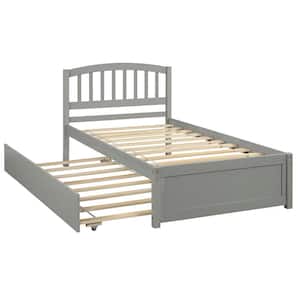 Gray Twin Platform Bed Frame with Trundle, Twin Bed Frame with Headboard and Pull Out Trundle for Kids, Guest Room