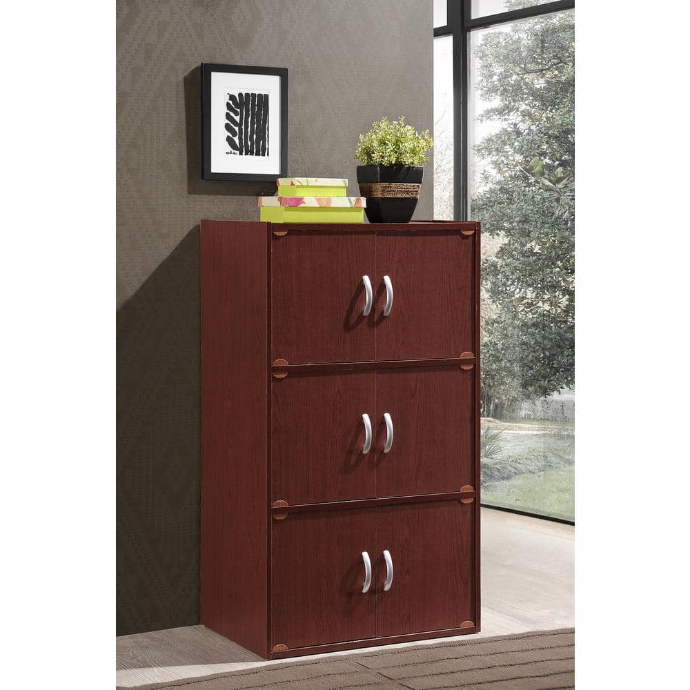 Versatile Mahogany 3-Shelf Office Bookcase with 6 Doors