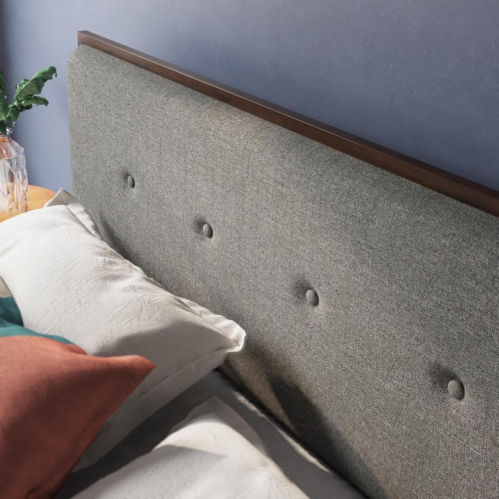 Moiz Queen Brown Wood Platform Bed Frame with Gray Upholstered Headboard