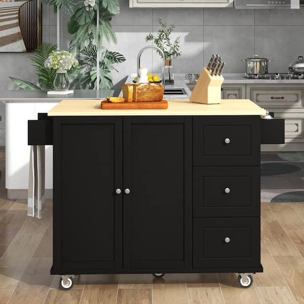 Zeus & Ruta Black Solid Wood 52.7 in. Kitchen Island with Drawers and Drop-Leaf