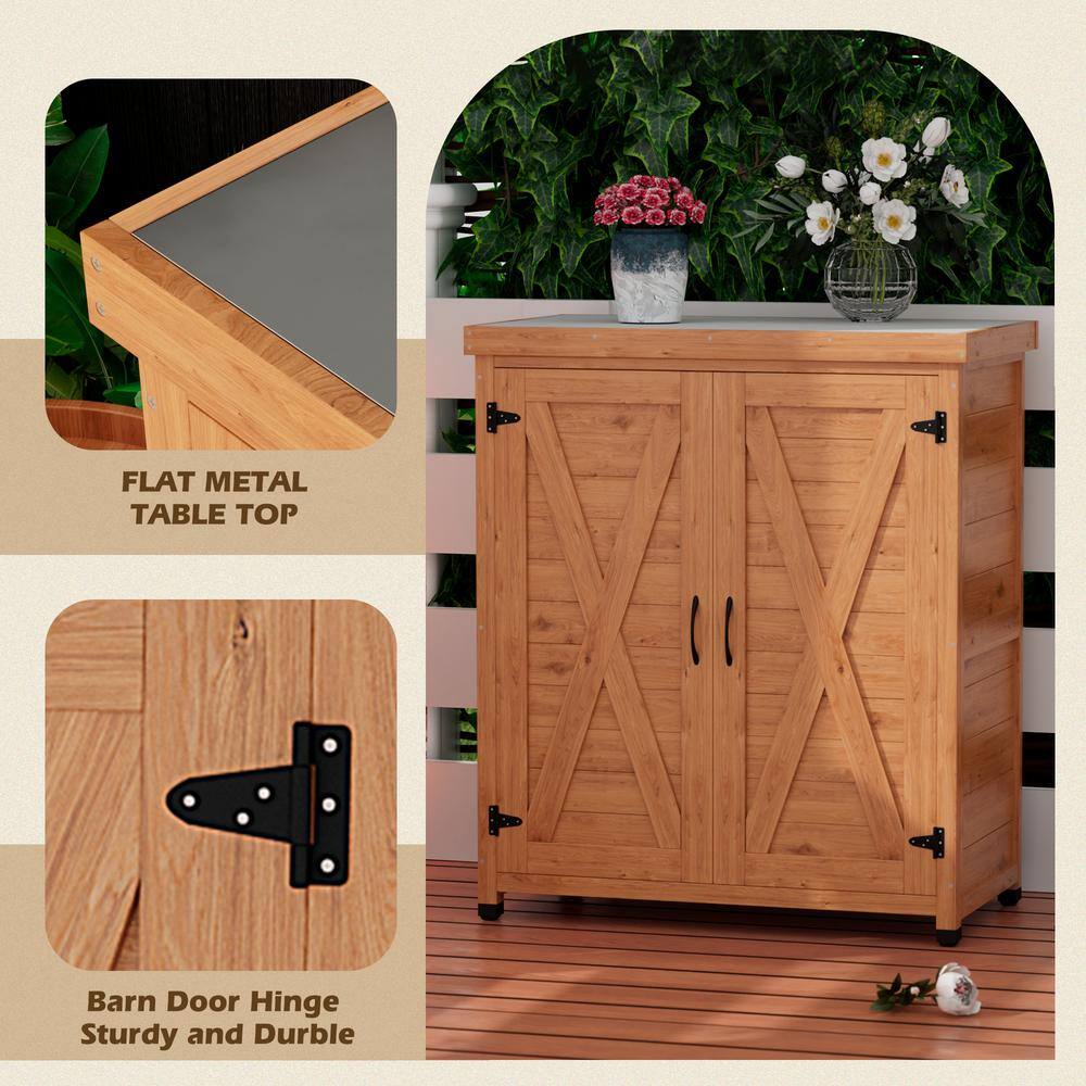 Brown Solid Wood Potting Bench with Metal Top and Storage Cabinet