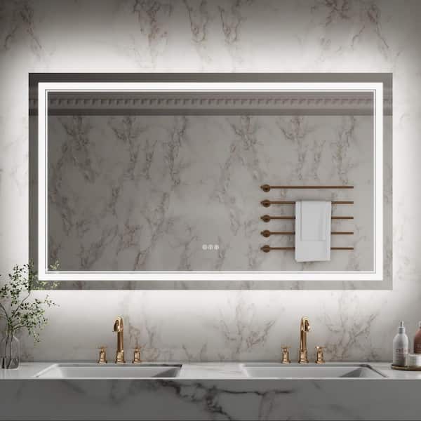 60 in. W x 36 in. H Rectangular Frameless Crystal Clear Wall-Mounted LED Bathroom Vanity Mirror in White
