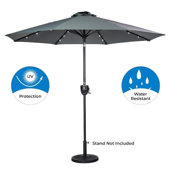 Sun-Ray 9 ft. Round 8 Rib Aluminum Market Bluetooth Solar Lighted Patio Umbrella in Grey
