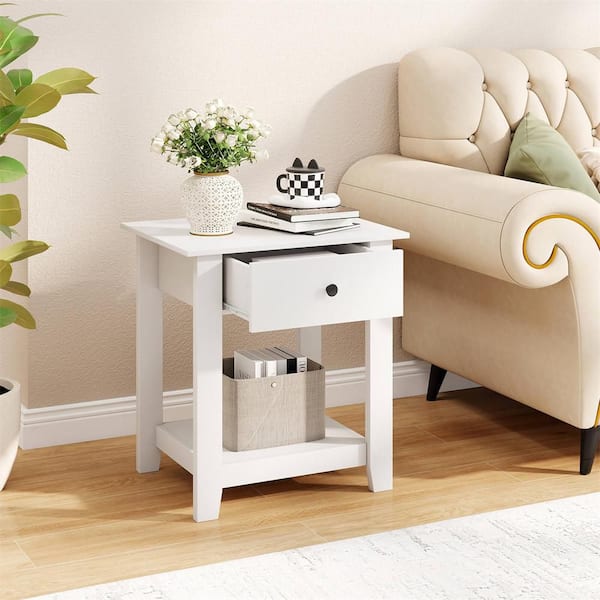 White 1 Drawer 19.5 in. W Nightstand with Drawer 3-Tier Modern Bedside Table with Open Shelf Storage