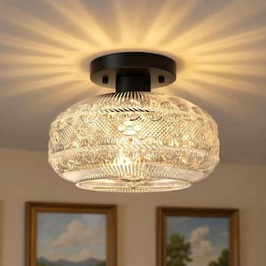9.5 in. 1-Light Black Bowl Glass Semi Flush Mount Ceiling Light, Vintage Farmhouse Fixture for Hallway, Bedroom