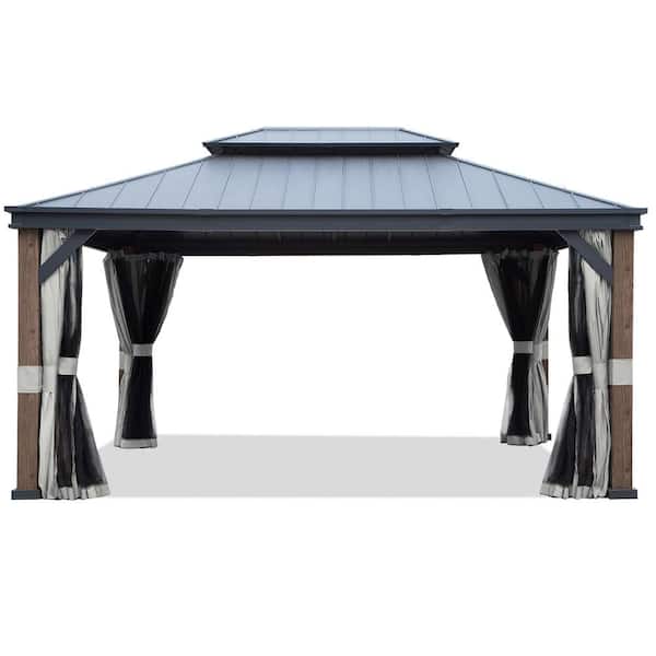 12 ft. x 16 ft. Wood Grain Double Galvanized Steel Roof Gazebo with Ceiling Hook, Mosquito Netting and Curtains
