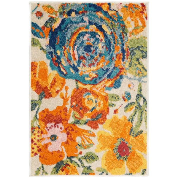 Allur Ivory Multi doormat 2 ft. x 3 ft. Botanical Contemporary Kitchen Rug