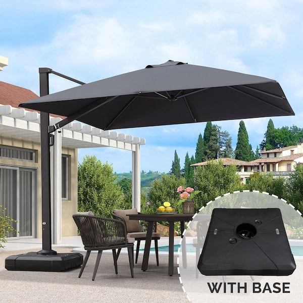 10 ft. Square Large Outdoor Aluminum Cantilever 360-Degree Rotation Patio Umbrella with Base, Gray