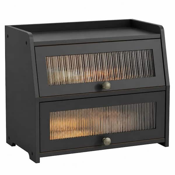 Large Black Bamboo Bread Box for Kitchen Countertop with Double Layer Storage and Frosted Window Organizer