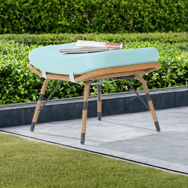 BFB Brown Wicker Outdoor Ottoman with Tiffany Blue Cushion 1 Pack