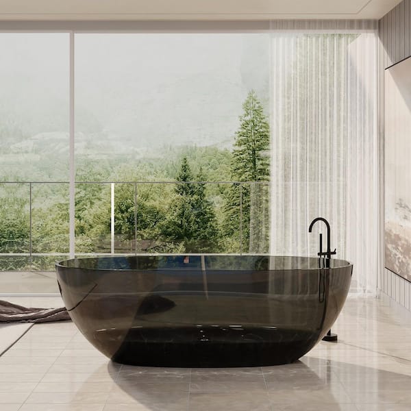 Modern 67 in. x 30 in. Soaking Transparent Resin Bathtub with Center Drain and Hose in Dark Gray