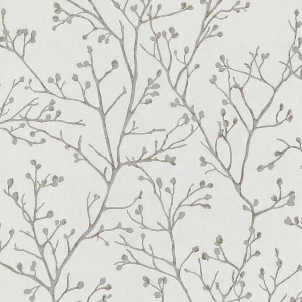 A-Street Prints Koura Silver Budding Branches Non Woven Paper Non-Pasted Textured Metallic Wallpaper
