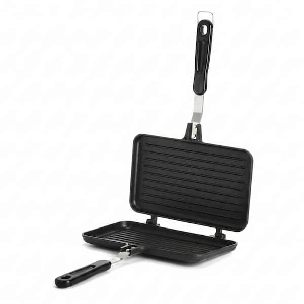Nonstick Aluminum Grill Panini Maker Flip Pan with Handle, Double-Sided Heating, Indoor Outdoor Camping