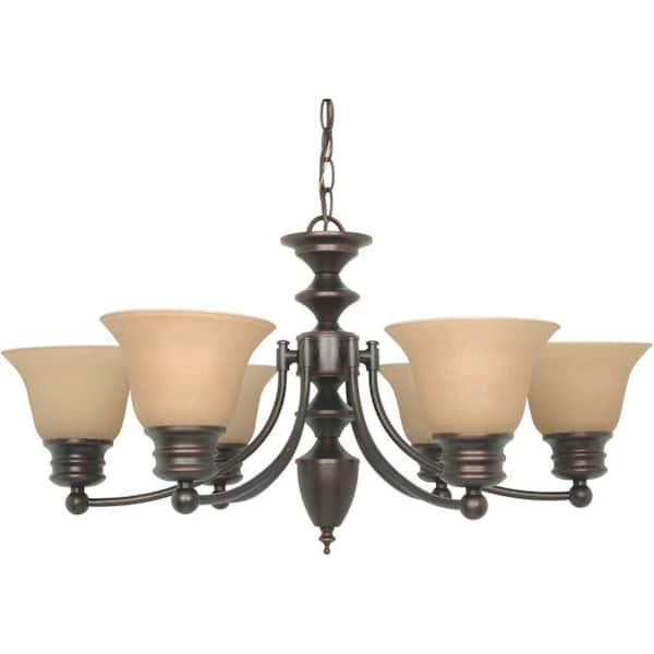 SATCO 6-Light Mahogany Bronze Chandelier with Champagne Linen Washed Glass Shade