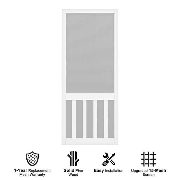 32 in. x 80 in. Universal Primed White Solid Pine Wood Vertical Slat Screen Door Classic 5-Bar Gauze Mesh Hinged Door