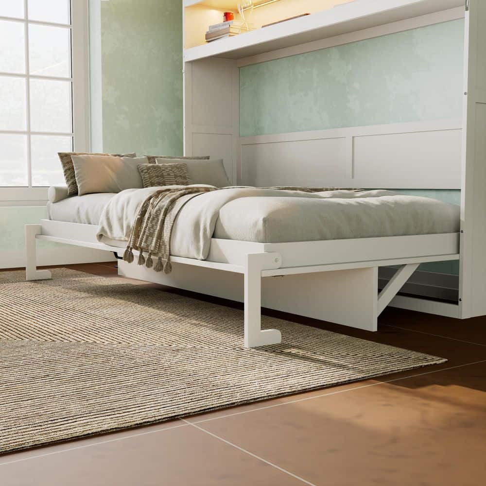 White Wood Frame Twin Size Murphy Bed with Top Cabinet,light & USB