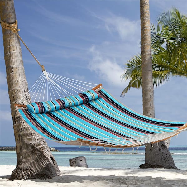 130 in. Hammock with Pillow Curved Bamboo Spreader Bar Chain Portable Indoor Outdoor Blue