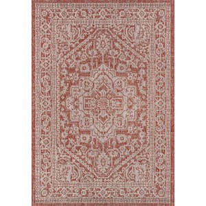 Sinjuri Medallion Red/Taupe 5 ft. 3 in. x 7 ft. 7 in. Textured Weave Indoor/Outdoor Area Rug