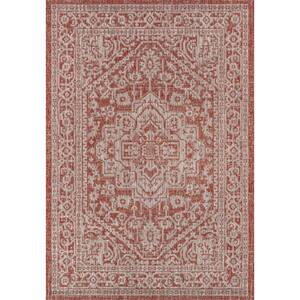 Sinjuri Red/Taupe 9 ft. x 12 ft. Medallion Textured Weave Indoor/Outdoor Area Rug