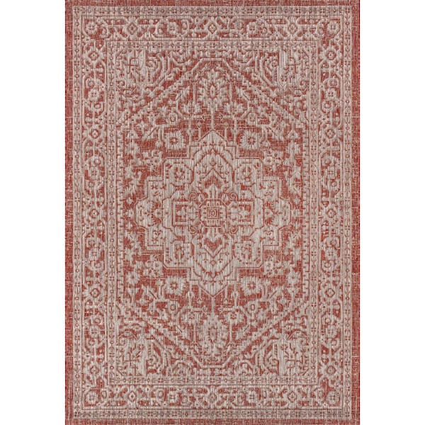 Sinjuri Medallion Textured Weave Red/Taupe 9 ft. x 12 ft. Indoor/Outdoor Area Rug