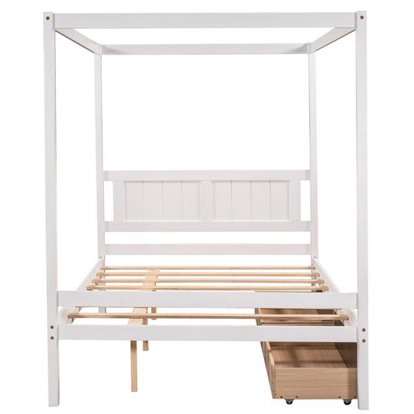 57 in. W White Full Wood Frame Canopy Bed with 2-Drawers HLJ218CBdFW2 ...