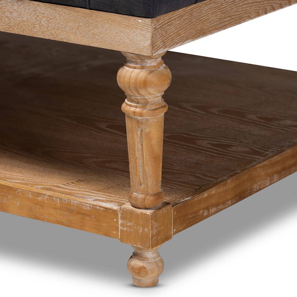 Charcoal Linen Fabric Tufted Cocktail Ottoman with Storage Shelf