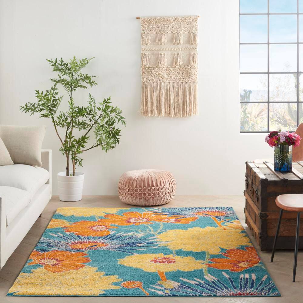 Handmade Turquoise Multicolor Floral Synthetic Area Rug 5' x 7'