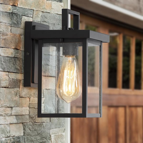 LNC Matte Black Outdoor Wall Light 1-Light Cage Modern Outdoor Wall Lantern Porch Wall Sconce with Seedy Glass