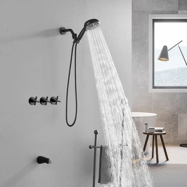 3 Handles 10-Spray Tub and Shower Faucet 2.5 GPM 4.92 in Shower Head in Matte Blackl Valve Included