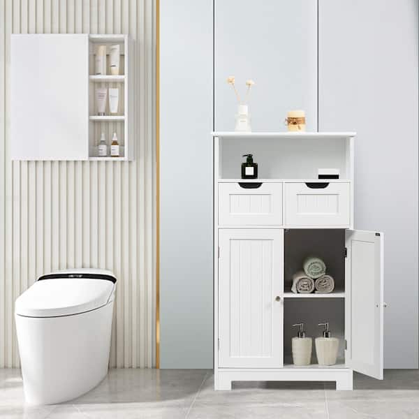 White Wooden Floor Storage Cabinet For Livingroom Bathroom Office w/Open Shelf, 2 Doors and 2 Drawers